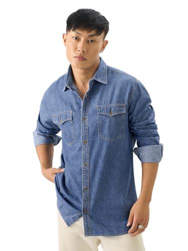 the souled store mens & boys 100% cotton classic denim washed blue solid shirts shirt for men casual half sleeves regular fit printed stylish latest cotton summer branded wrinkle free trend