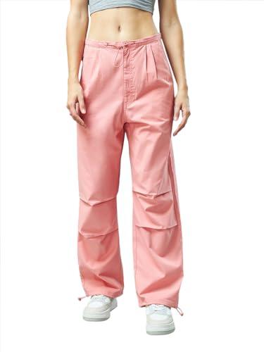 bewakoof women's solid oversized fit cotton parachute pants_625448_pink_xs