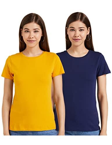 amazon brand - symbol women's solid regular fit half sleeve t-shirt (rn-po2-combo6-blue & mustard-xl) (combo pack of 2)