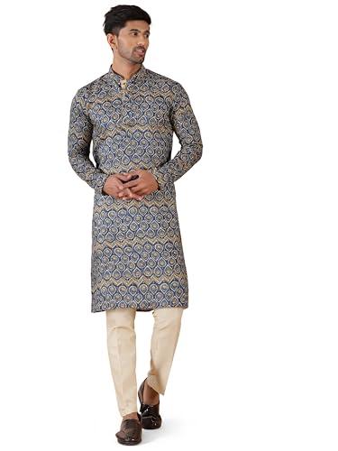 the kurta company men's navy blue silk blend printed kurta, regular fit, full sleeve, mandarin collar - edts_38