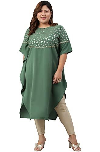 xl love - by janasya women's plus size green poly crepe foil print kaftan kurta(pjne3781)