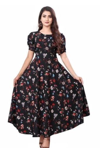 trendy pure crepe printed puff sleeve dress for women(medium, black)