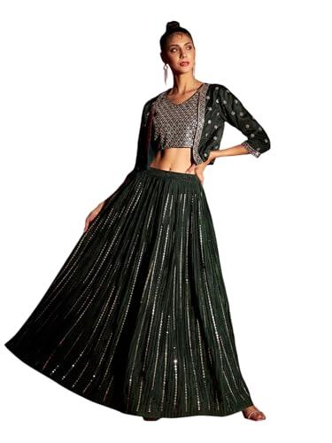 madhuram women's lehenga and choli with short jacket readymade set for solid with heavy sequance embroidery work set(m-2449 green_small)