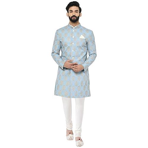 kisah men blue printed sherwani set, full sleaves, knee length, straight, regular fit, mandarin collar ethnic wear