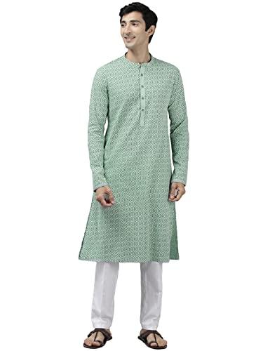 see designs lime green & white cotton regular fit mandarin collar printed kurta set long sleeves_sdkt103601m