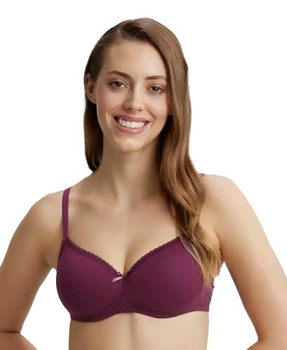 jockey 1723 women's wirefree padded super combed cotton elastane stretch medium coverage lace styling t-shirt bra with adjustable straps_prune_34d