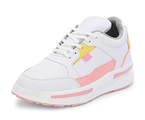 mactree yellow-pink polyurethane (pu) mid top lace up sneakers for girls - 9 uk