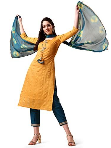 ethnicjunction women's woven zari mirror work straight kurta pant with ombre dupatta (skd1-latkan-mustard_s_mustard)