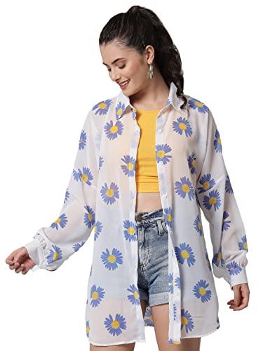 funday fashion women floral print casual shirt (xx-large, white,blue)