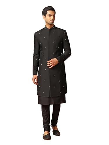 kisah men's kurta indo western sherwani churidar set, black cotton blend, embroidered regular fit mandarin collar long sleeves (40)