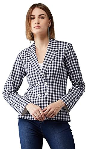 dolce crudo women's navy blue and white collared full sleeves checkered regular length notched jacket(doaw19jkt02-86-154-03,multicolor,s)