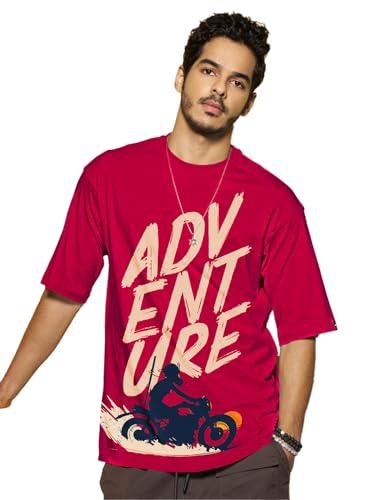 bewakoof men's graphic print oversized fit half sleeve round neck cotton t-shirt red