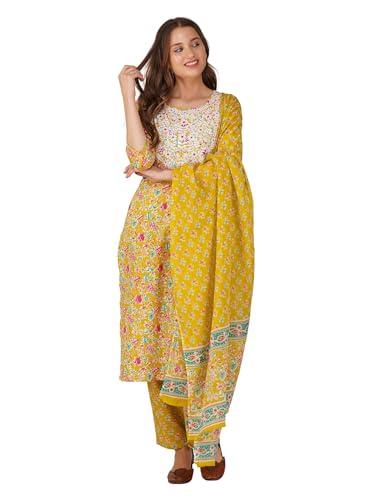 amayra women's cotton embroidered straight kurta with pant and dupatta set(tck551,yellow,m)