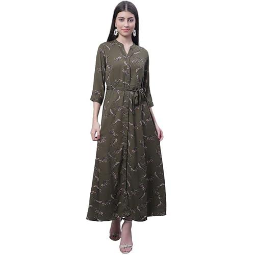 cantabil women green printed banded collar 3/4 sleeve fit and flare casual dress i casual dress for women (ldrs00004_dullgreen_s)