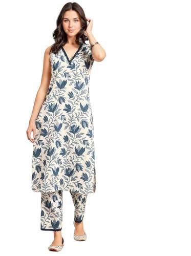 rytras women's cotton printed straight kurta and pant set (x-small, beige)