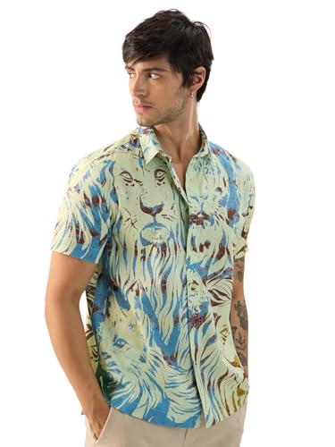 the souled store jungle time men and boys short sleeve collared neck button front multicolor all over printed polyester blend textured shirts