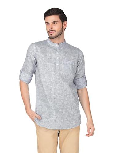 vastraa fusion men's textured cotton short kurta full sleeves casual ethnic wear short kurta (vastraavs2423-40) grey