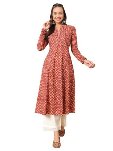 fiorra women's floral printed red cotton a-line kurta far0113