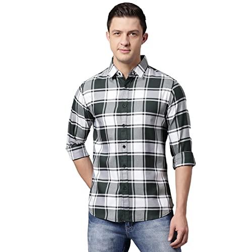 dennis lingo men's checkered bottle green slim fit casual shirt with spread collar (x-large)