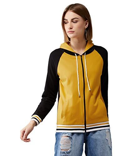 dolce crudo women's multicolored-base mustard yellow hooded full sleeves loopknit, rib solid color-block/raglan regular length jacket( doaw19jkt03-05-218-02_yellow_xs)