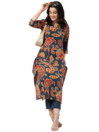 anni designer women's cotton blend straight printed kurta with pant (tinka kerosin_m_dark blue_medium)