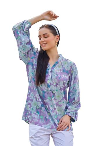 leriya fashion women's rayon floral printed shawl collared neck fancy shirt style western top for girls long cuff sleeves shirt for office party travel outing holidays wear tunic (2x-large, purple)