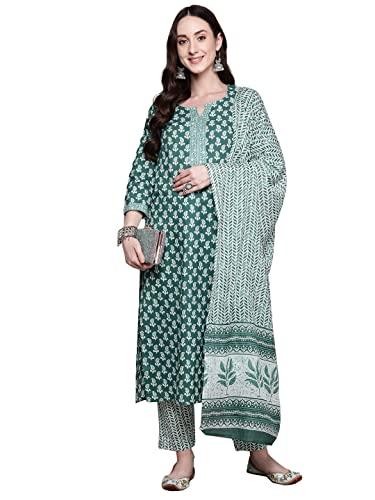 anubhutee women's pure cotton ethnic motifs teal printed straight kurta suit set