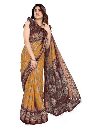 mirchi fashion women's plain weave cotton blend thread work printed saree with blouse piece (36494-mustard, brown)