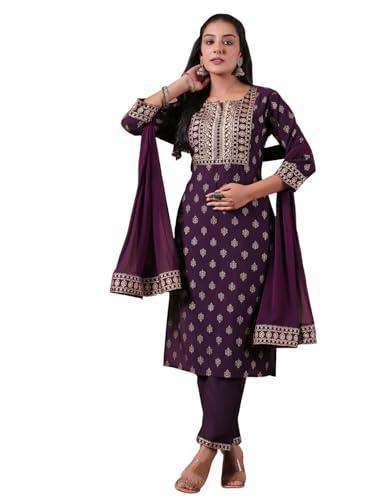 ishin women's silk blend ethnic motifs ethnic motifs foil printpurple straight kurta suit set with trousers and dupatta