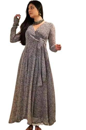 fashion2wear women's georgette fit and flare v-neck gown elegant silhouette in effortless style | 3/4 sleeve | dress for women (grey | xxx-large | grey_keri_xxxl)