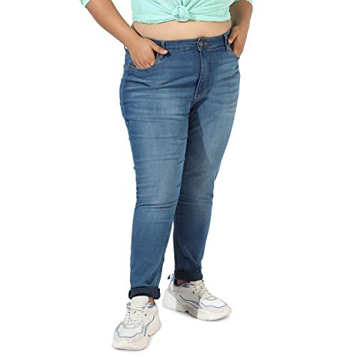 instafab plus women's light blue women's ankle-length denim jeans for casual wear | plus-size | light-wash | 5 pockets | button closure | denim jeans crafted with comfort fit for everyday wear