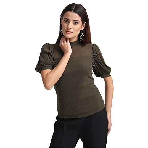 kazo solid polyester blend high neck women's top (green,medium)