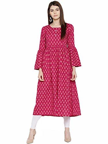 sera pink cotton floral printed a-line round neck long bell sleeve flared hem kurta for ethnic women's wear