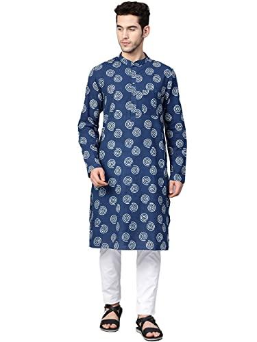 see designs blue & white cotton regular fit printed kurta set_sdkt88701s