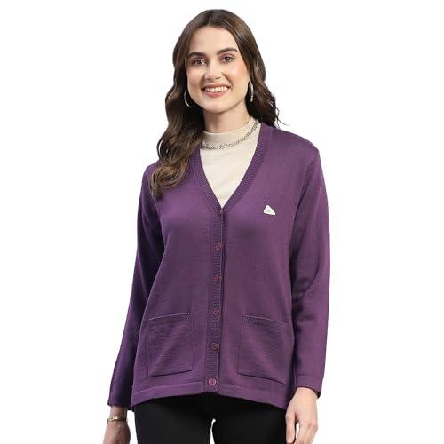 monte carlo womens purple solid v neck full sleeve wool cardigan sweater (1230714vn-2452-36)