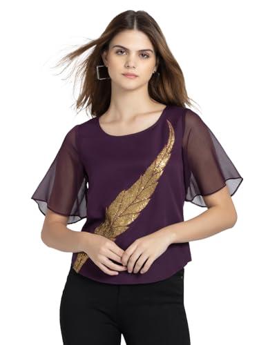 shaye purple party short sleeves round neck floral top for women