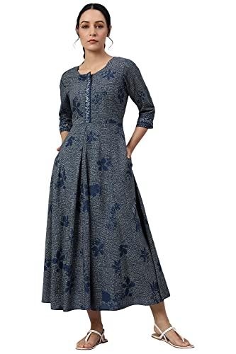 w for woman blue floral printed flared indie dress