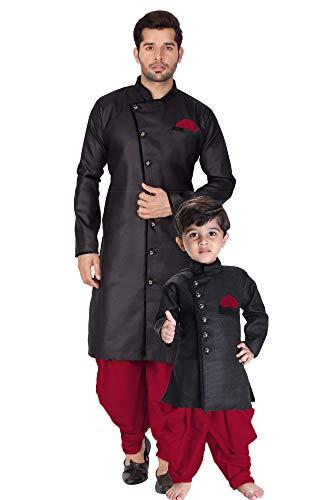 vastramay baap beta cotton blend black and maroon indo angrakha style sherwani set for father and son - perfect ethnic ensemble with cowl style patiala dhoti pant