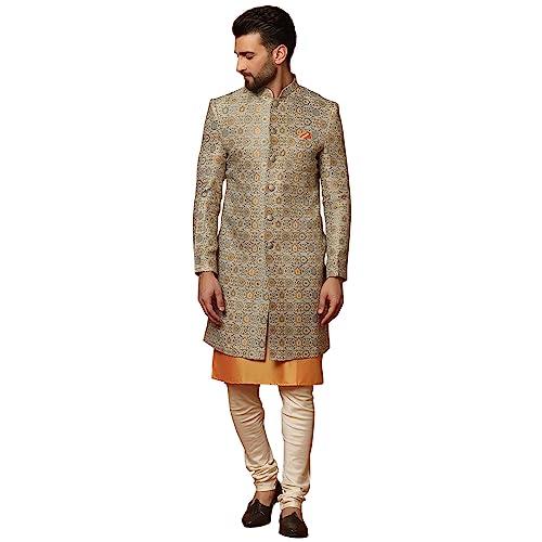 kisah men's silver and orange indo western kurta sherwani churidar set cotton full sleaves, knee length, straight, regular fit, mandarin collar ethnic wear