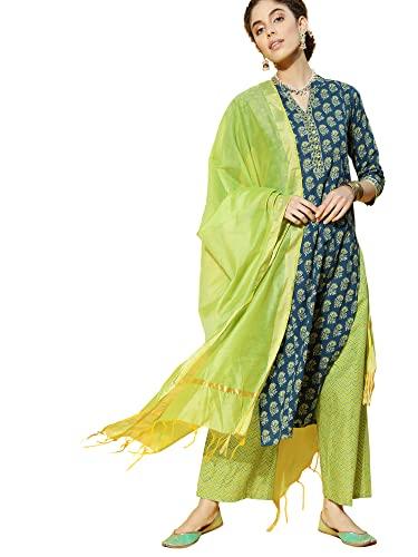 indo era women's cotton blend floral printed straight kurta with pant & dupatta set (21ggg3901_blue_small)