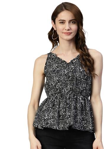 jainish women printed crop top with frills (black, l)