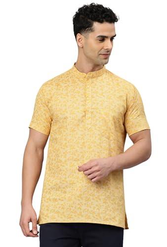 majestic man slim fit ethnic motifs cotton printed half sleeve short kurta (x-large, yellow)