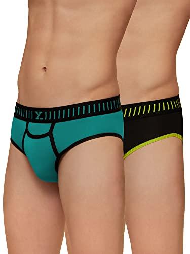 xyxx men's underwear vibe intellisoft antimicrobial micro modal brief pack of 2 (black & lime punch ; navigate & black ; m)