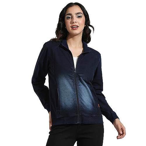 campus sutra women's navy blue zip front dark-wash denim jacket for casual wear | high neck | long sleeve | zipper closure | cotton jacket crafted with comfort fit for everyday wear