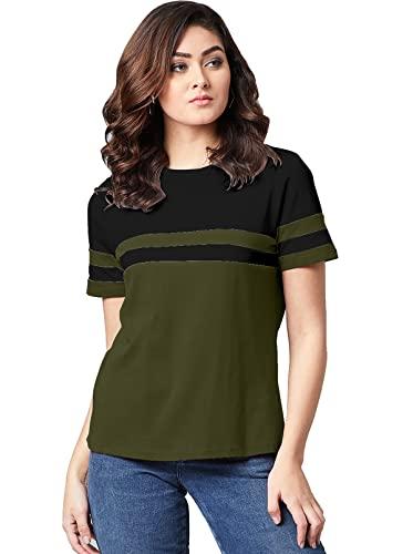 ausk half sleeves t-shirts for women color-olive,black (size-small)