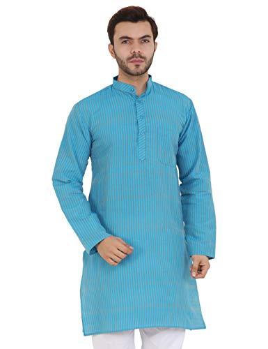 latest chikan men's cotton blend regular striped kurta light blue