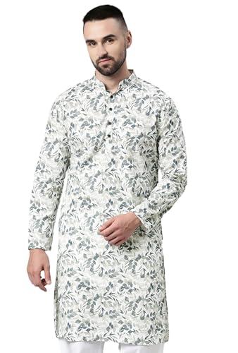 majestic man cotton mandarin collar ethnic motifs printed long kurta for men (small, off white)