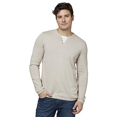 celio basic solid beige long sleeves henley neck sweater