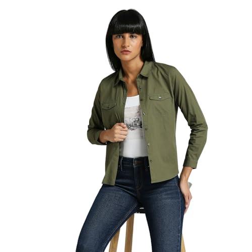 pepe jeans women's solid regular fit shirt (pl304991_olive green