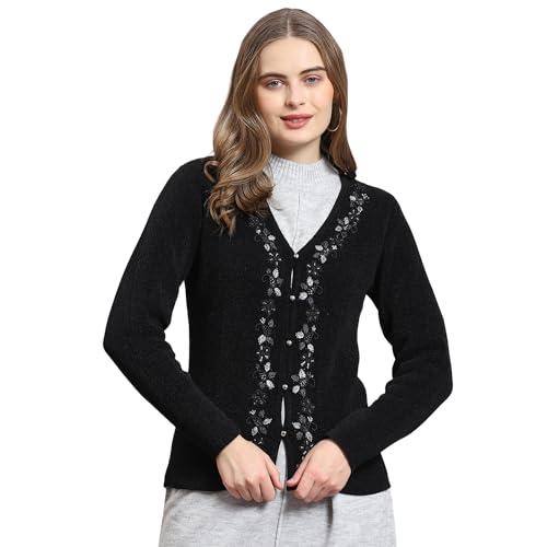 monte carlo womens black embellished v neck full sleeve wool blend cardigan sweater (1239812vn-2-38)